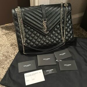 NWT authentic YSL Saint Laurent Large Envelope Triquilt bag black silver